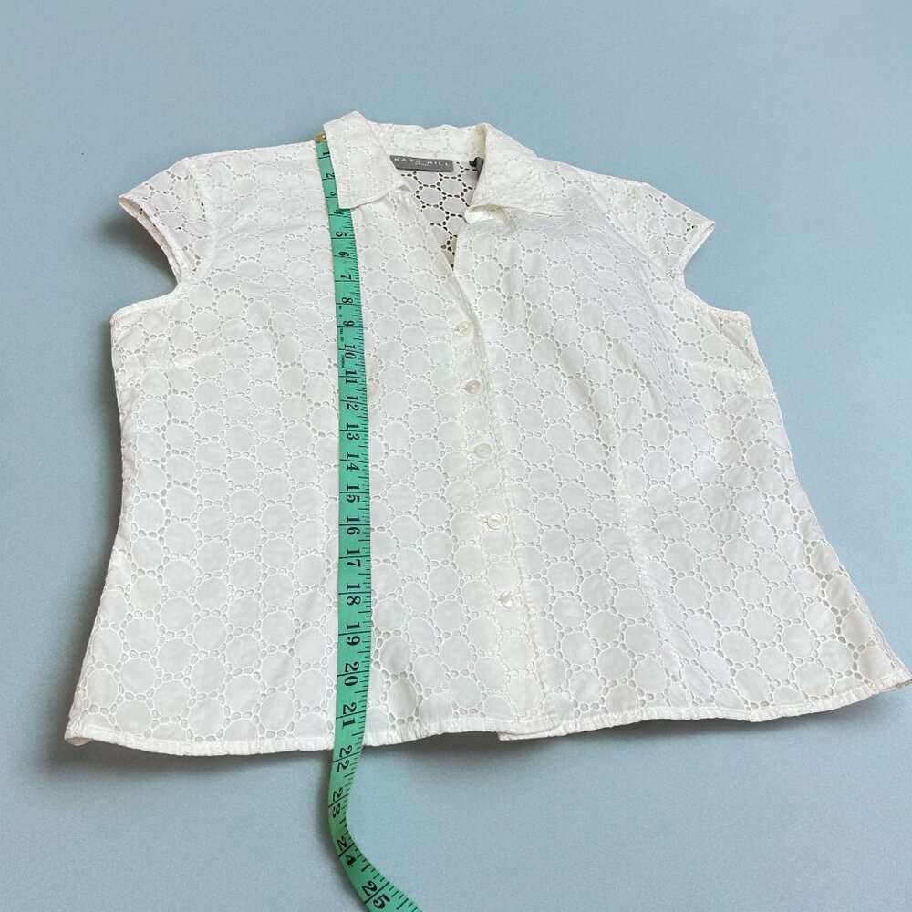 Kate Hill 14P Petite White Eyelet Lined Short Sleeve Button-Front Blouse - Picture 10 of 10